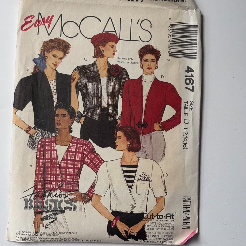 McCall's u\Uncut 4167 unlined jacket (12, 14, 16)